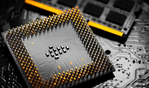 Close up of RAM Memory and pins on Main CPU PC processor circuit board.. Foto stock