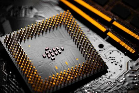 Close up of RAM Memory and pins on Main CPU PC processor circuit board.. 스톡 사진