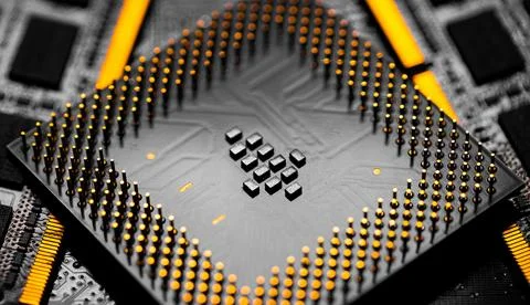 Close up of RAM Memory and pins on Main CPU PC processor circuit 스톡 사진