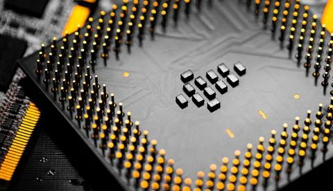 Close up of RAM Memory and pins on Main CPU PC processor circuit 写真素材