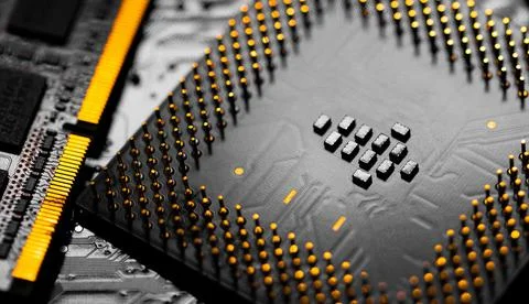 Close up of RAM Memory and pins on Main CPU PC processor circuit Stockfoto's