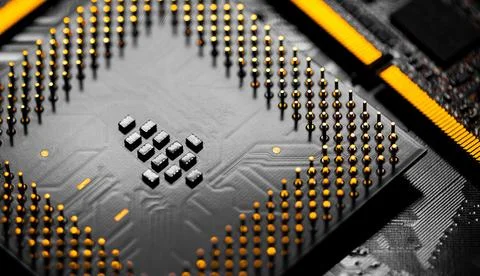 Close up of RAM Memory and pins on Main CPU PC processor circuit 写真素材