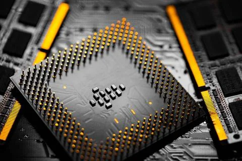 Close up of RAM Memory and pins on Main CPU PC processor circuit board. Ma... 스톡 사진