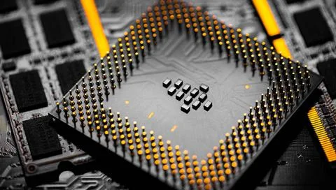 Close up of RAM Memory and pins on Main CPU PC processor circuit board. Ma... Stockfoto's