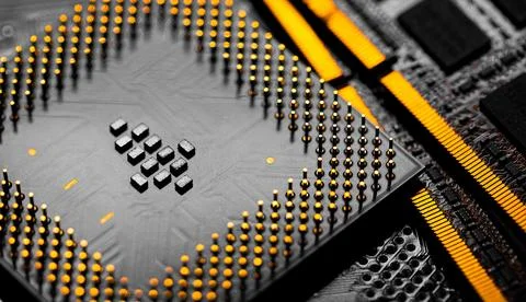 Close up of RAM Memory and pins on Main CPU PC processor circuit 写真素材