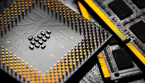 Close up of RAM Memory and pins on Main CPU PC processor circuit 스톡 사진