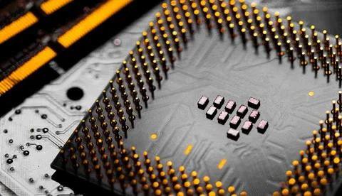Close up of RAM Memory and pins on Main CPU PC processor circuit Stock Photos