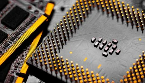 Close up of RAM Memory and pins on Main CPU PC processor circuit Stock Photos