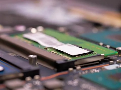 Close-up of RAM Memory Module on Laptop Motherboard Fotos de archivo