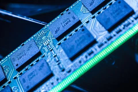 Close-up of ram memory modules glowing in blue light Stock Photos