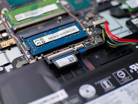 Close up of RAM Memory Modules on Laptop Motherboard Stock Photos