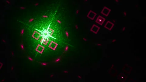 Close-up randomly moving multi-colored figures and rays of green and pink color Stock Footage 244480820