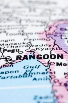 Close up of rangoon or yangon on map, myanmar Stock Photos