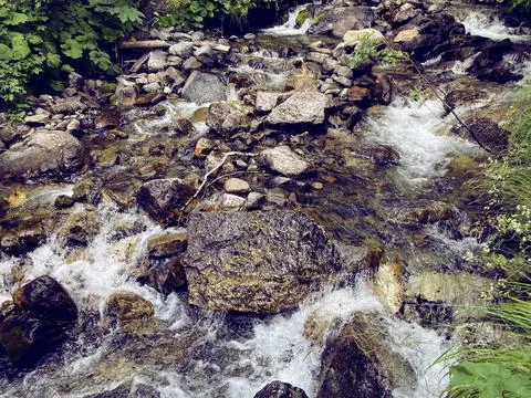 Close up of rapid clean stream flowing on rocks. Mountain river flows down an Stock Photos