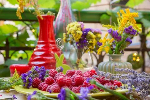 Close-up of Raspberries on a table Stock Photos
