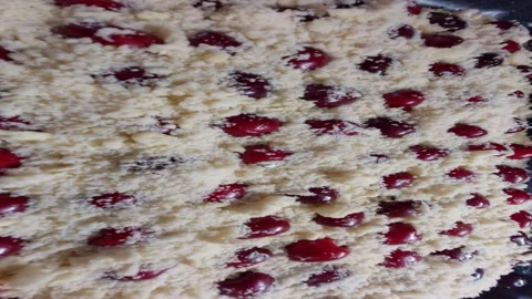 Close-up of raw cherry cake with sweet crumble topping before baking Stock Footage 338285595