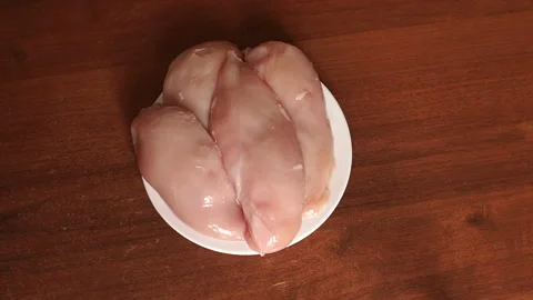 Close-up of raw chicken meat on a white plate. Stock Footage 94759577