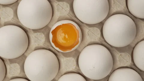 Close-up of raw chicken organic eggs in egg cardboard box. One egg cracked .. Stock Footage 340811394