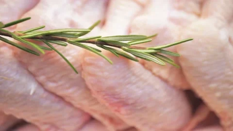 Close-up of raw chicken wings with a sprig of rosemary Video stock 220523135