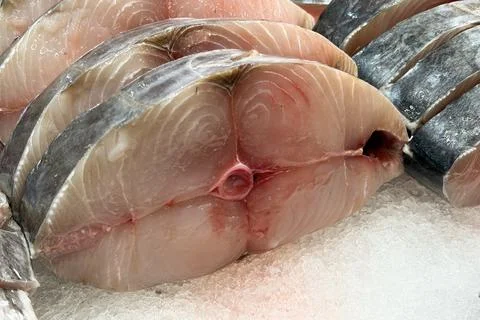 Close up raw fish cut representing fresh seafood fillet preparation and pro.. Foto stock