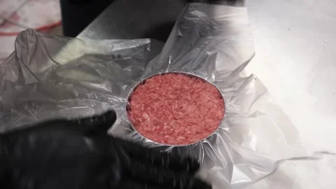 Close-up of a Raw Ground Beef Patty Being Prepared for Packaging Stock Footage 331632826
