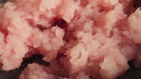 Close-up of raw ground chicken texture. Cooking process, food preparation and Stock Footage 335277411