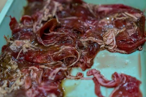 Close up of Raw Marinated Beef Slices Stock Photos