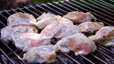 Close-up of raw marinated chicken fillets being grilled on charcoal grill. Stock Footage 317932607