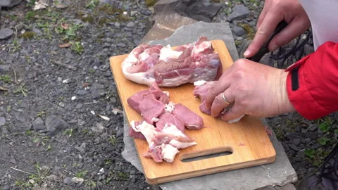 Close-Up of Raw Meat Being Cut on Wooden Surface Video stock 303660694