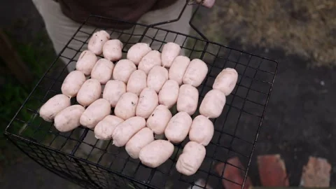 Close-up of raw sausages being arranged on a grill rack for cooking outdoors Stock Footage 337105236