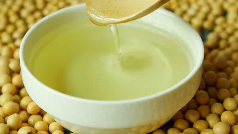 Close up of Raw soy bean seed oil in a container Stock Footage 220753687