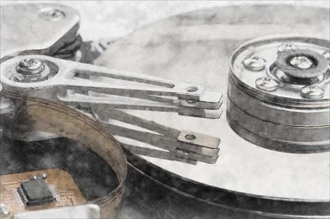 Close-up of read-write head of computer hard drive. Charcoal or graphite drawing Stock Photos