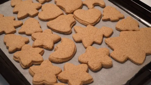 Close-up of ready-made gingerbread cookies are lying on the table  Stock Footage 99156938