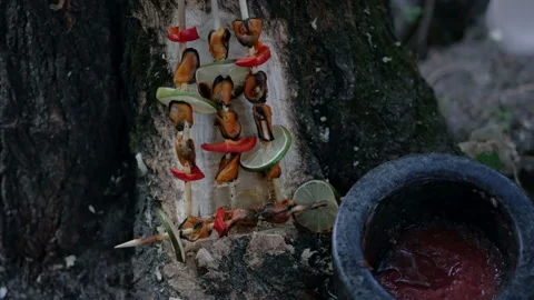 Close-up of ready-made mussels on a fire in the forest. Stock Footage 137525419