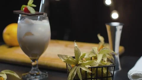 Close up ready-made white russian cocktail. Motion control system. Time Stock Footage 132918760