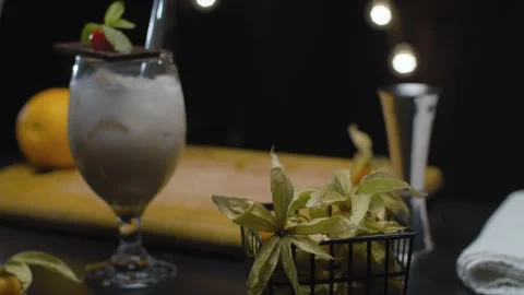 Close up ready-made white russian cocktail. Motion control system. Time Stock Footage 132918833
