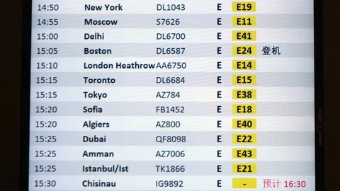 Close up of Real Airport Timetable Information Monitor with Gates and Departure Stock Footage 93445003