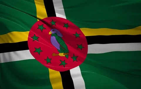 Close up realistic texture fabric textile silk satin flag of Dominica wavin.. Stock Photos