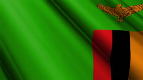 Close up realistic texture silk satin flag of Zambia waving Stock Footage 232430512