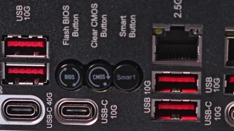 Close-up of rear I/O panel on a high-end motherboard, showing multiple USB po 库存影片 294797029
