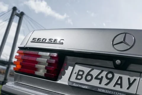 Close up of rear light and emblems of Mercedes 560 SEC C126 Stock Photos