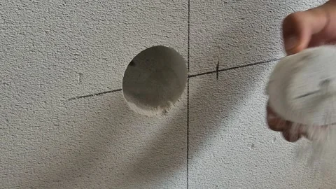 Close-up Rear-Side View of Core Drilling Aerated Concrete Wall 스톡 동영상 342621380
