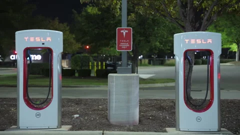 Close up of the recharging Tesla station for electro mobiles. September 27, 2025 Stock Footage 318368007