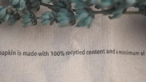 Close up of recycled napkin text with delicate dried flower branch overhead. Stock Footage 332192480