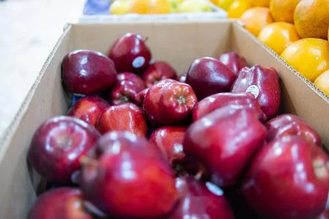 Close-up of red apples in a box next to pile of oranges Stock Photos
