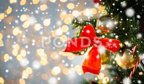Close up of red bow decoration on christmas tree Stock Photos