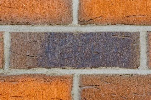 Close-up of red brick wall with one dark brick in the center 写真素材