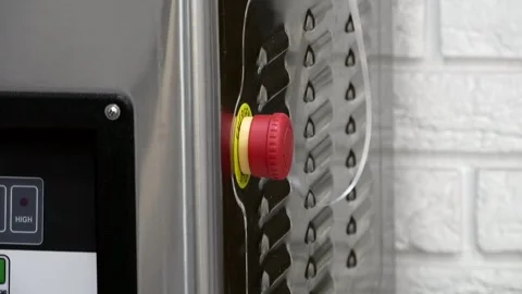Close-up of the red button on the vacuum machine Stock Footage 324766728