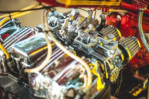 Close up of a red car engine Stock Photos