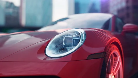 Close-up of the red car front in an urban environment with a scanning effect Video stock 232200199